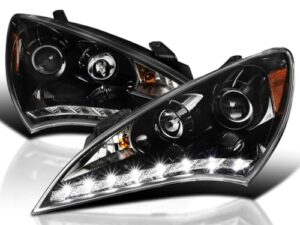 Jet Black LED Projector Headlights Compatible with 2010-2012 Hyundai Genesis 2Door Coupe, Left + Right Pair Headlamps Assembly